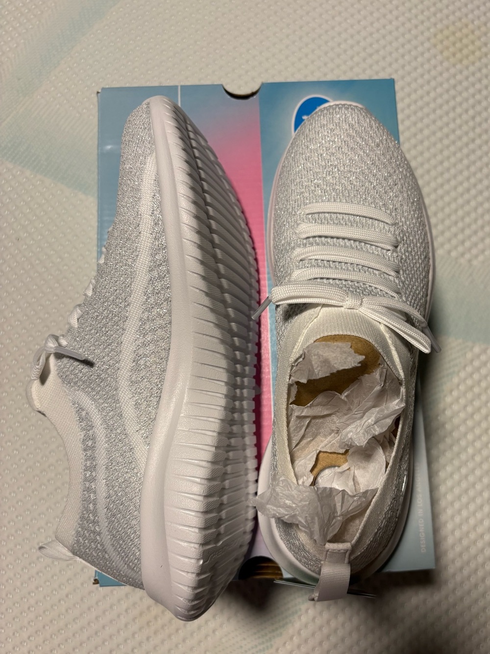 Skechers Women's White/Silver Knit Slip-On Sneakers - Picture 2 of 4